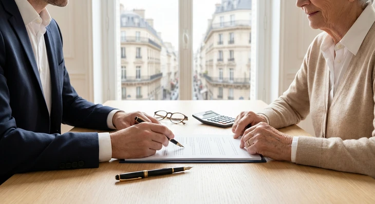 Consultation financière à domicile entre un conseiller et un couple de seniors assis sur canapé bleu
